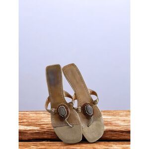 Enzo Angiolini Women Size 10M Beaded Kitten Heel Sandals Gold Brown Boho Resort